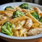 A bowl of creamy broccoli and chicken penne garnished with parsley, showcasing tender chicken pieces, vibrant broccoli, and a rich Parmesan cream sauce.