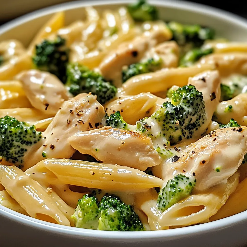 A bowl of creamy broccoli and chicken penne garnished with parsley, showcasing tender chicken pieces, vibrant broccoli, and a rich Parmesan cream sauce.