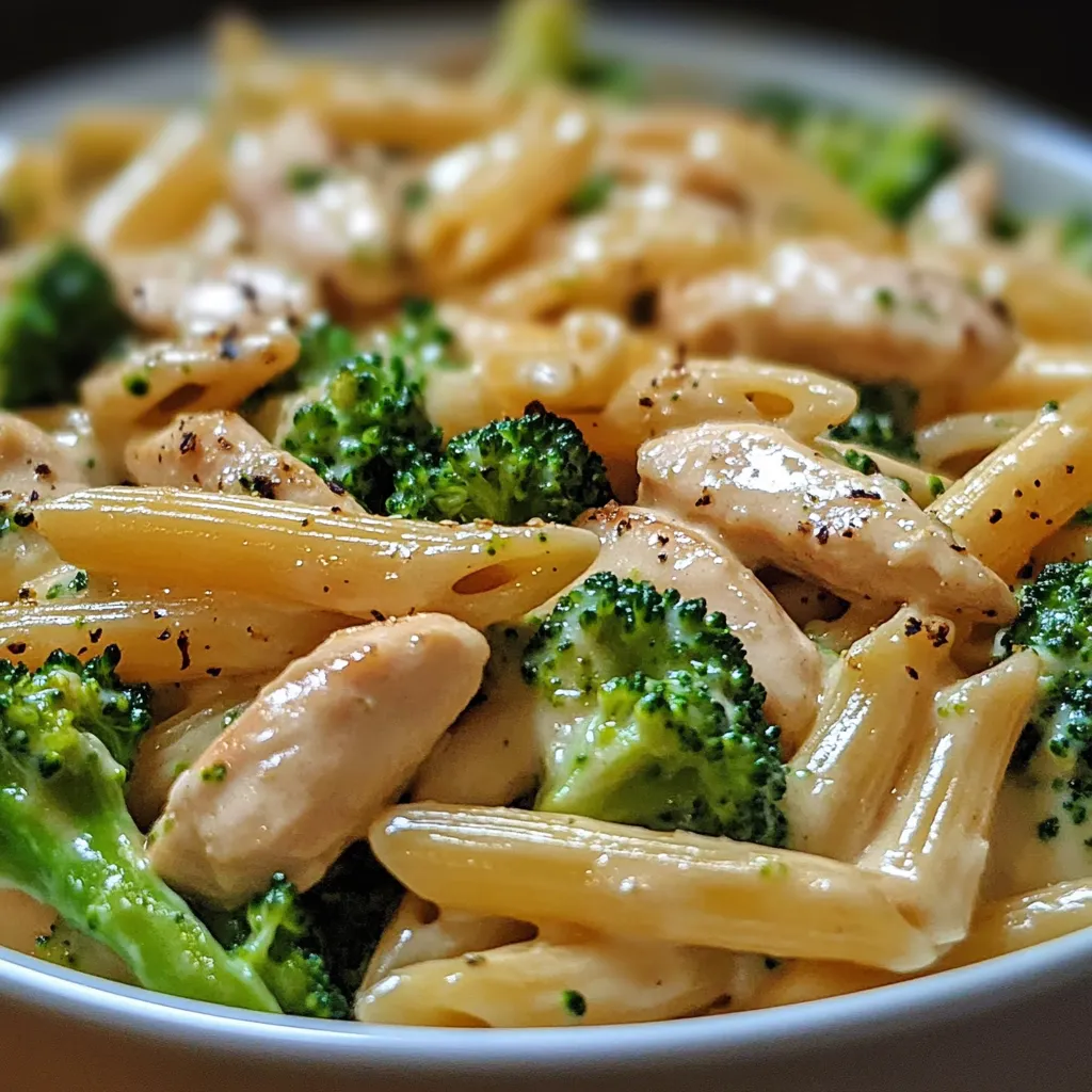 A bowl of creamy broccoli and chicken penne garnished with parsley, showcasing tender chicken pieces, vibrant broccoli, and a rich Parmesan cream sauce.