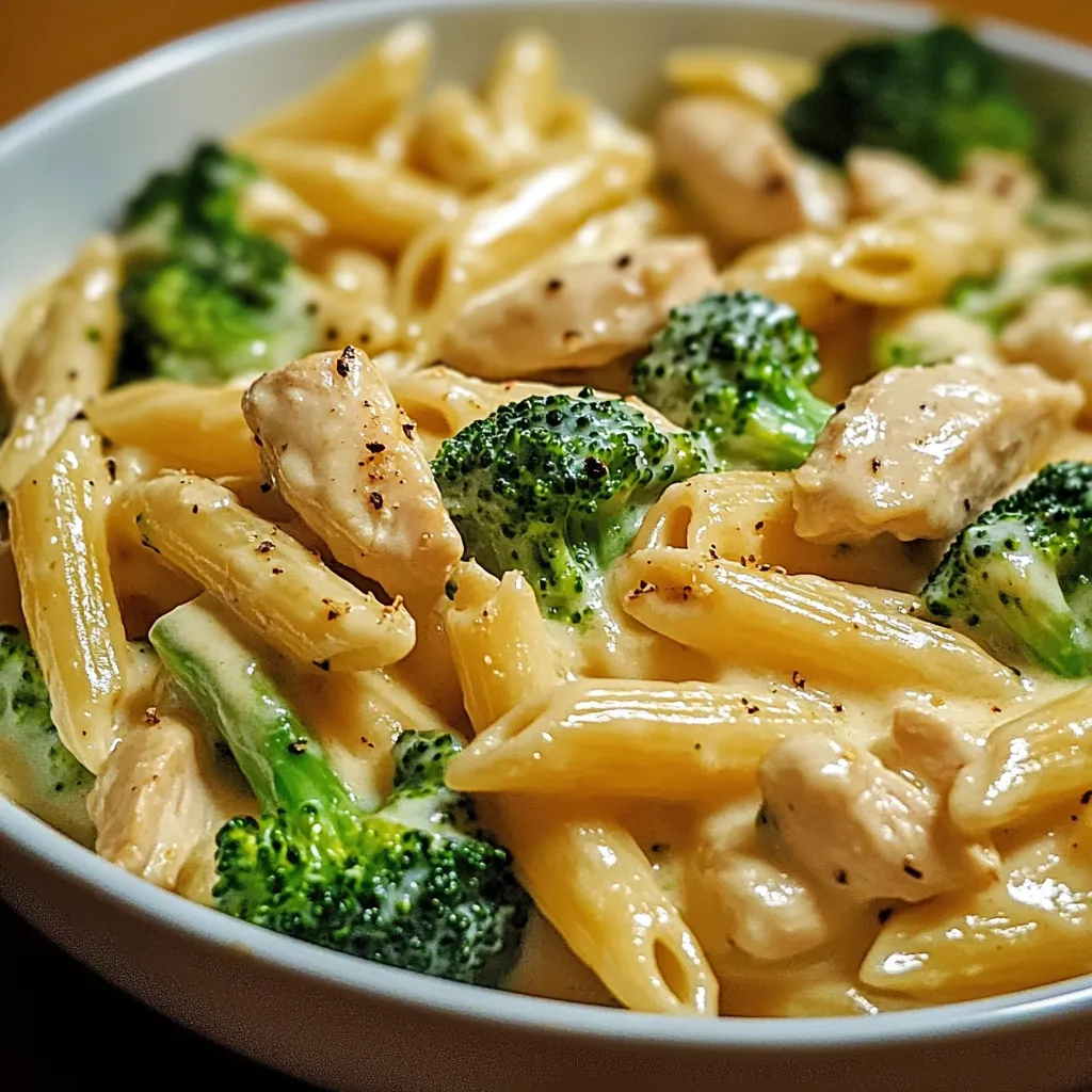 A bowl of creamy broccoli and chicken penne garnished with parsley, showcasing tender chicken pieces, vibrant broccoli, and a rich Parmesan cream sauce.