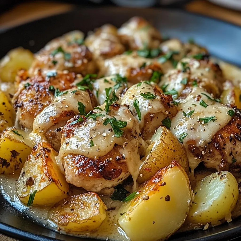 Garlic Parmesan Chicken and Potatoes served on a baking sheet, garnished with parsley and Parmesan.