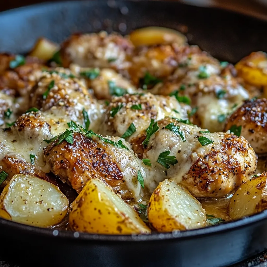 Garlic Parmesan Chicken and Potatoes served on a baking sheet, garnished with parsley and Parmesan.