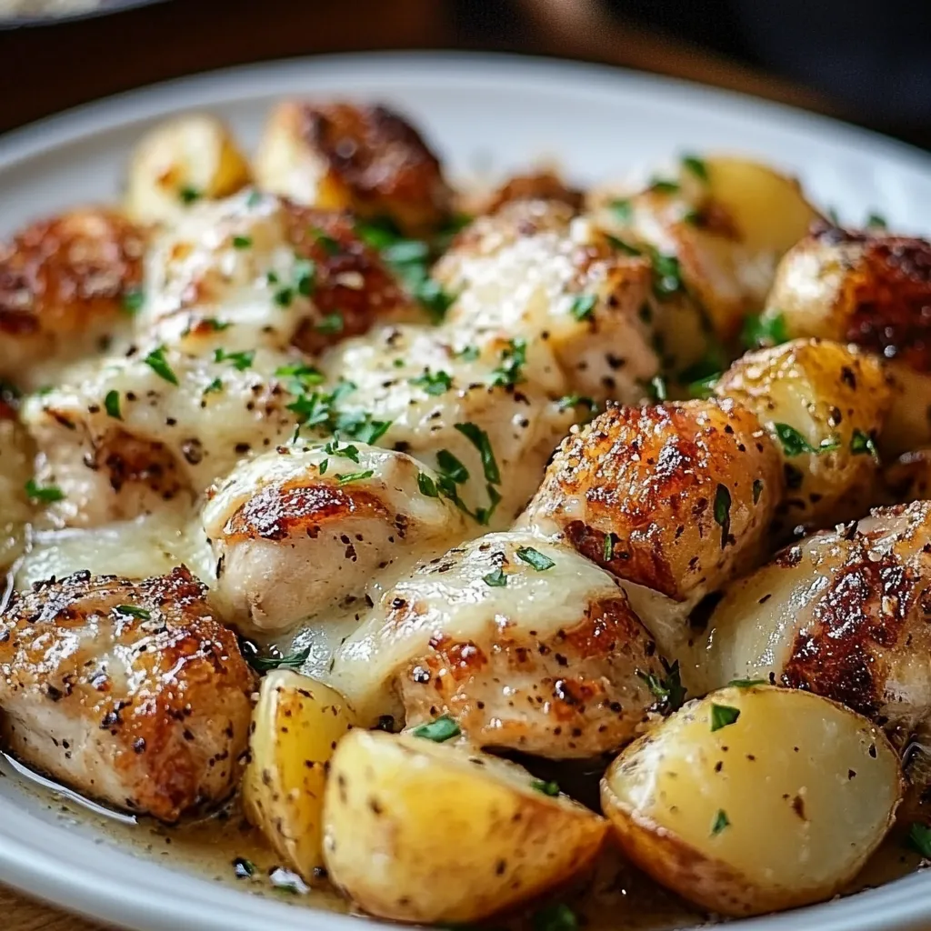 Garlic Parmesan Chicken and Potatoes served on a baking sheet, garnished with parsley and Parmesan.