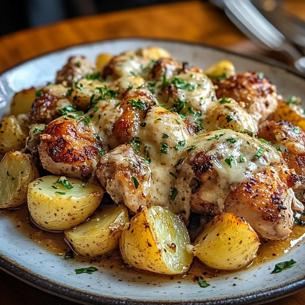 Garlic Parmesan Chicken and Potatoes served on a baking sheet, garnished with parsley and Parmesan.