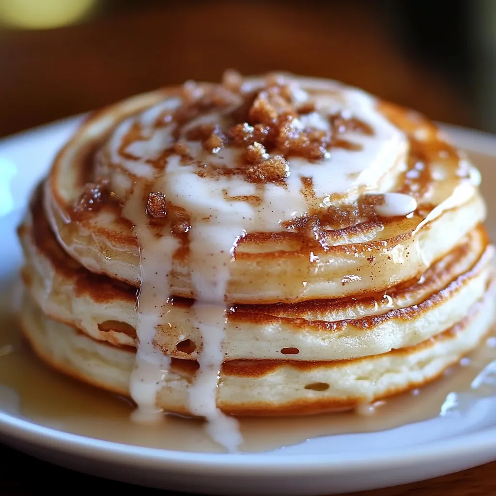 A stack of fluffy Cinnamon Roll Pancakes topped with cream cheese glaze and garnished with fresh mint.