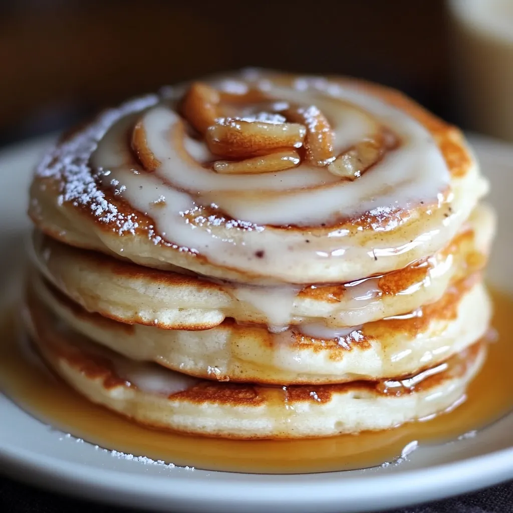 A stack of fluffy Cinnamon Roll Pancakes topped with cream cheese glaze and garnished with fresh mint.