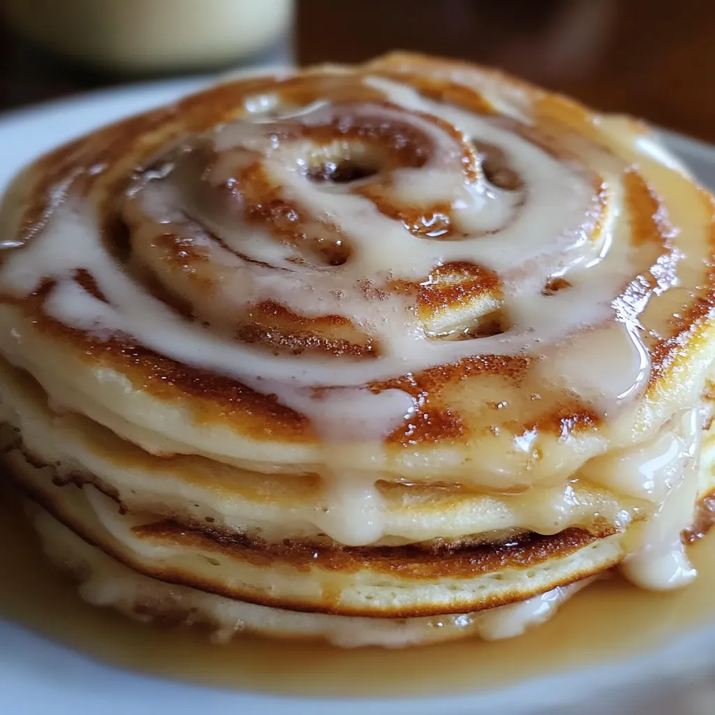 A stack of fluffy Cinnamon Roll Pancakes topped with cream cheese glaze and garnished with fresh mint.