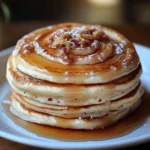 A stack of fluffy Cinnamon Roll Pancakes topped with cream cheese glaze and garnished with fresh mint.