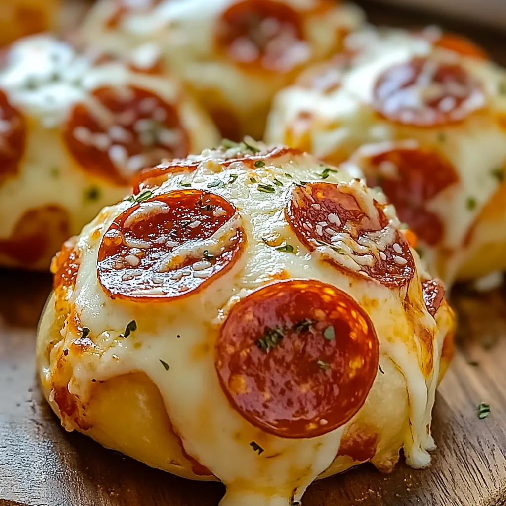 Golden Cheesy Pepperoni Pizza Bombs with melted cheese oozing out, garnished with fresh basil and served with marinara dipping sauce.