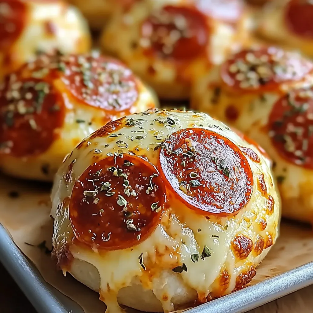 Golden Cheesy Pepperoni Pizza Bombs with melted cheese oozing out, garnished with fresh basil and served with marinara dipping sauce.