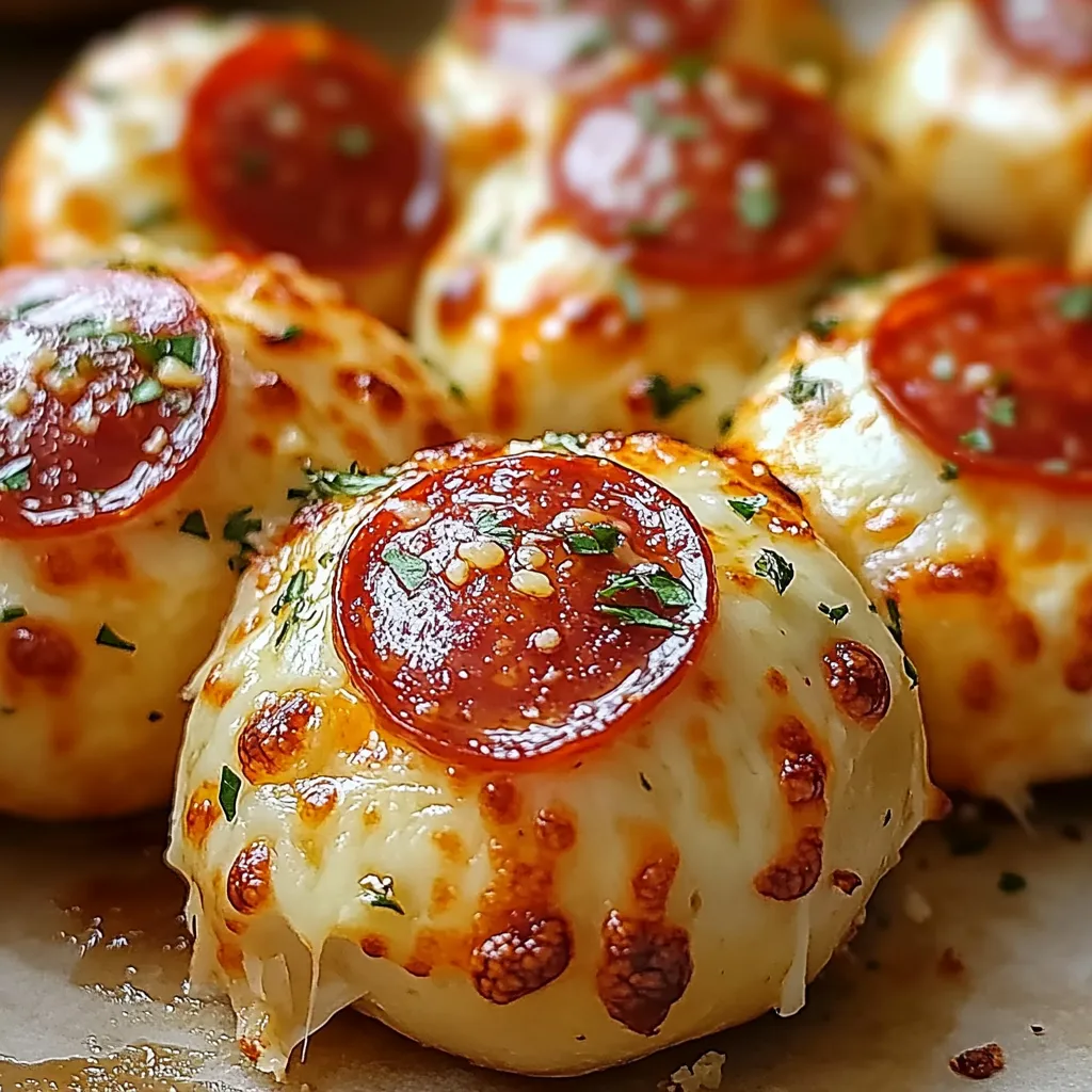 Golden Cheesy Pepperoni Pizza Bombs with melted cheese oozing out, garnished with fresh basil and served with marinara dipping sauce.