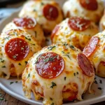 Golden Cheesy Pepperoni Pizza Bombs with melted cheese oozing out, garnished with fresh basil and served with marinara dipping sauce.