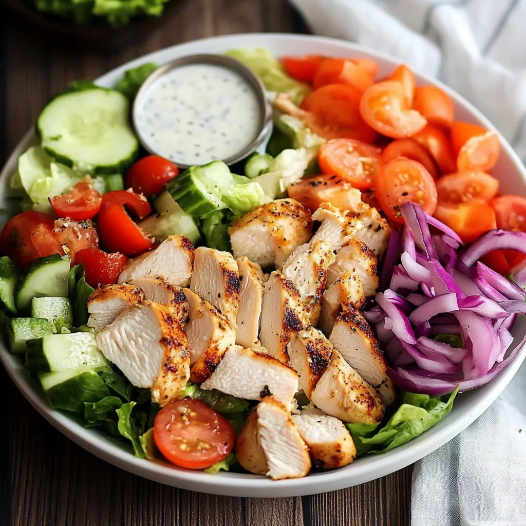 Freshly prepared grilled chicken garden salad topped with creamy homemade ranch dressing, served in a large bowl.