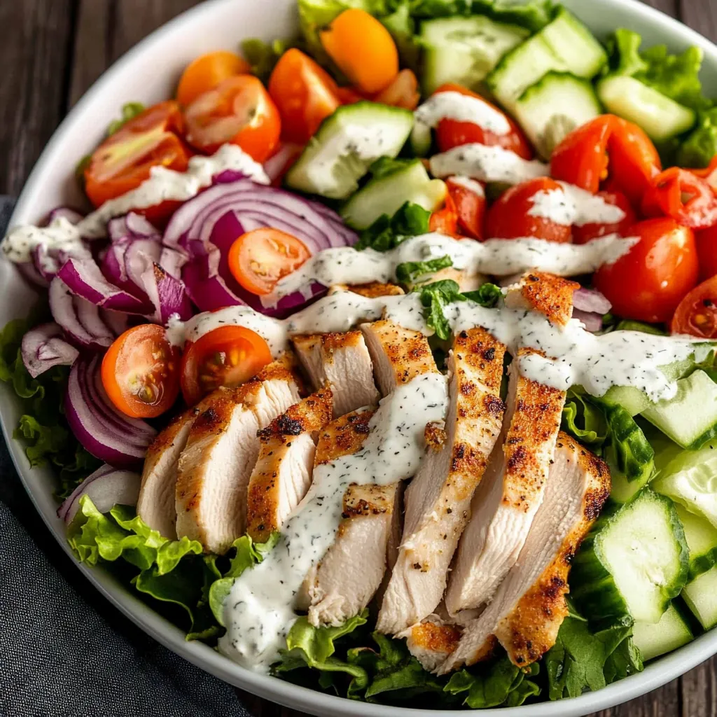 Freshly prepared grilled chicken garden salad topped with creamy homemade ranch dressing, served in a large bowl.