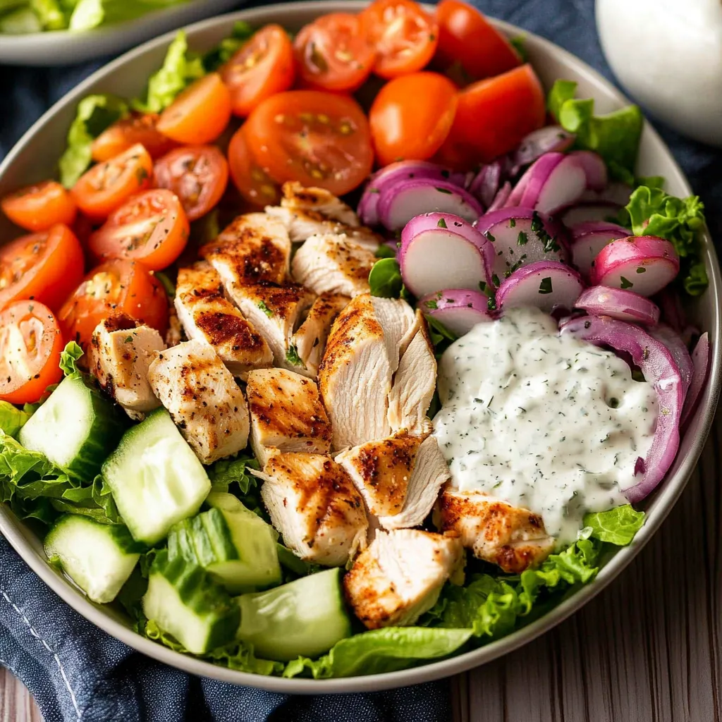 Freshly prepared grilled chicken garden salad topped with creamy homemade ranch dressing, served in a large bowl.