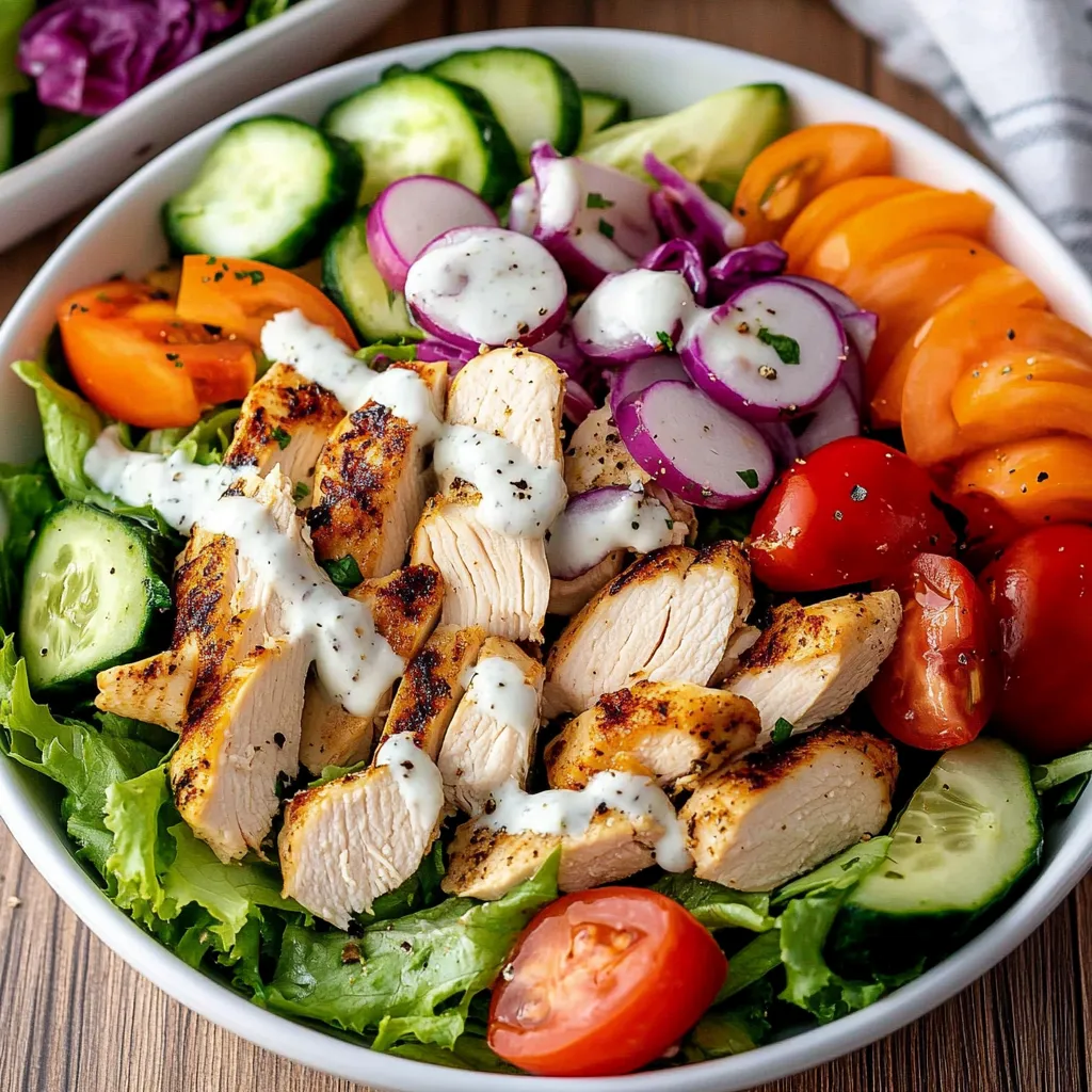 Freshly prepared grilled chicken garden salad topped with creamy homemade ranch dressing, served in a large bowl.