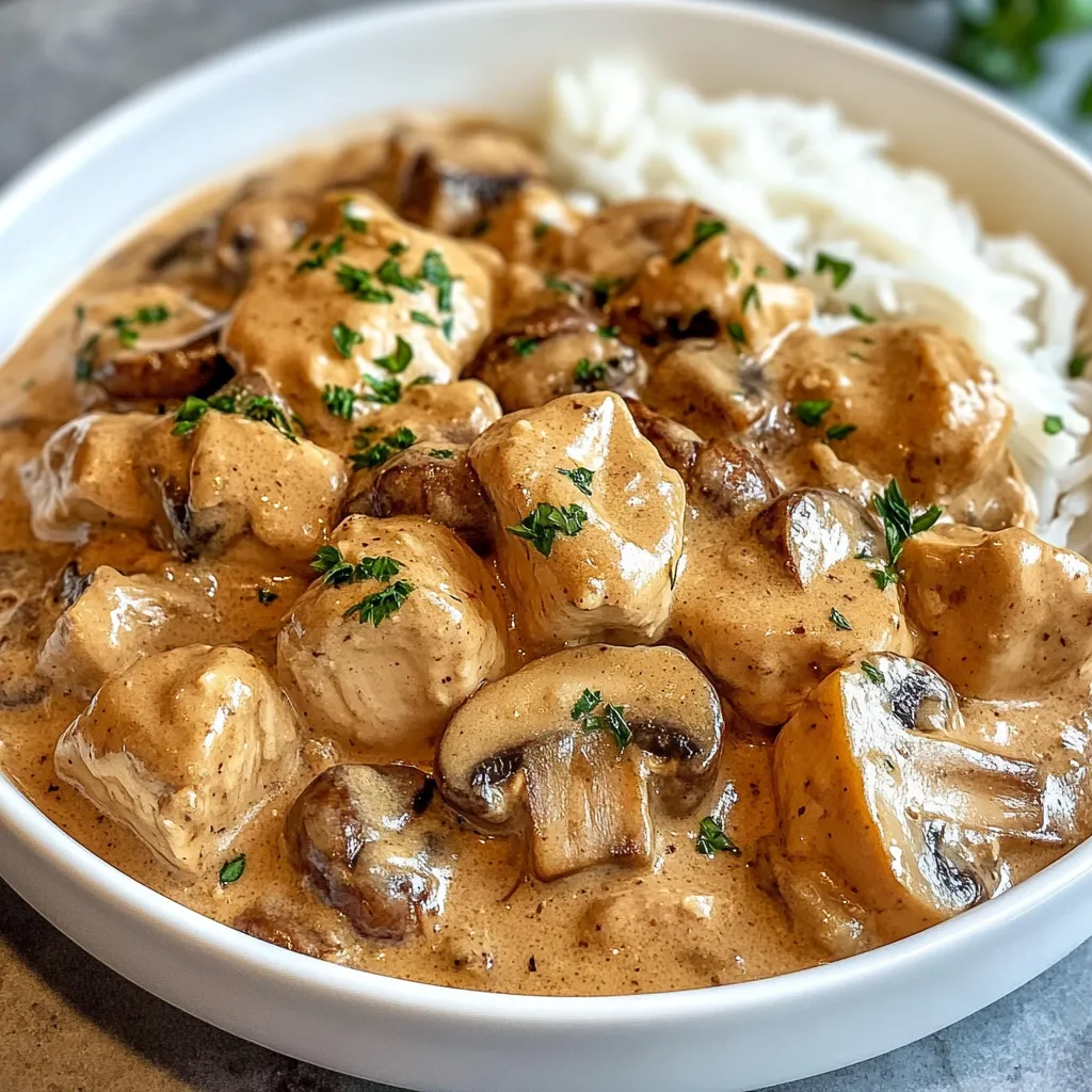 A hearty bowl of Chicken Mushroom Stroganoff with creamy sauce, tender chicken, mushrooms, and egg noodles garnished with fresh parsley.