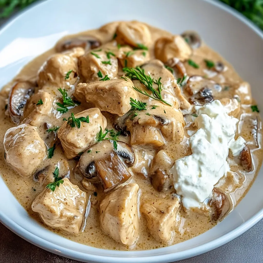 A hearty bowl of Chicken Mushroom Stroganoff with creamy sauce, tender chicken, mushrooms, and egg noodles garnished with fresh parsley.