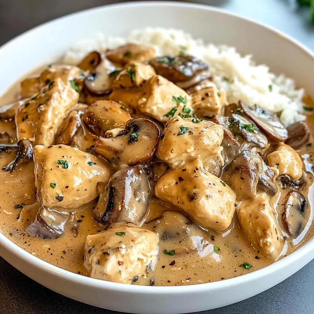 A hearty bowl of Chicken Mushroom Stroganoff with creamy sauce, tender chicken, mushrooms, and egg noodles garnished with fresh parsley.