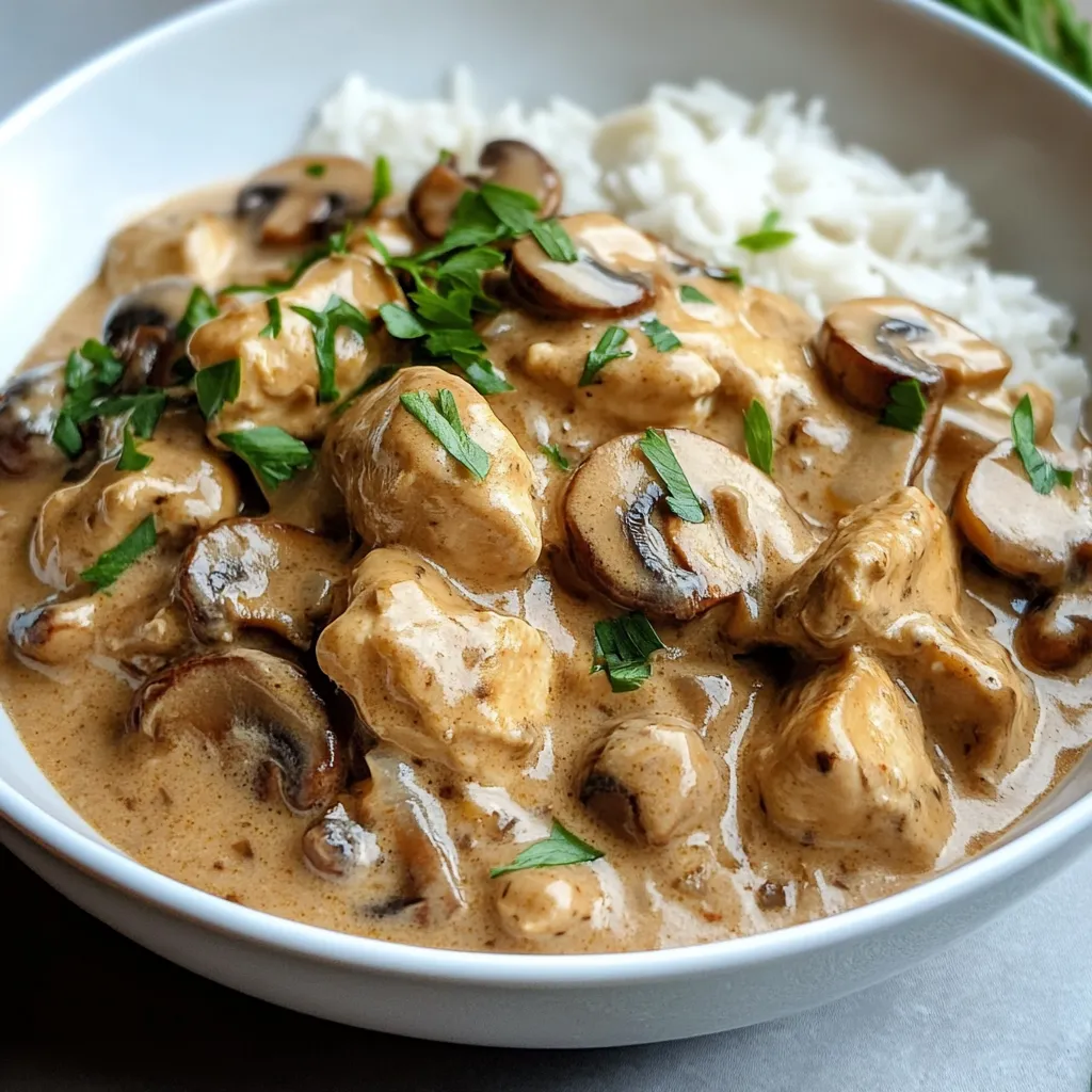 A hearty bowl of Chicken Mushroom Stroganoff with creamy sauce, tender chicken, mushrooms, and egg noodles garnished with fresh parsley.