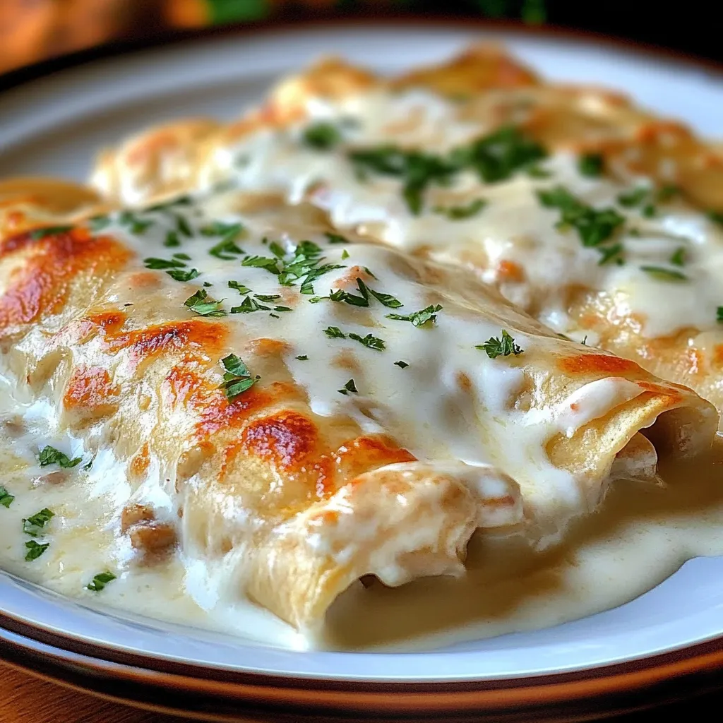 Chicken enchiladas with sour cream white sauce topped with melted cheese in a baking dish.