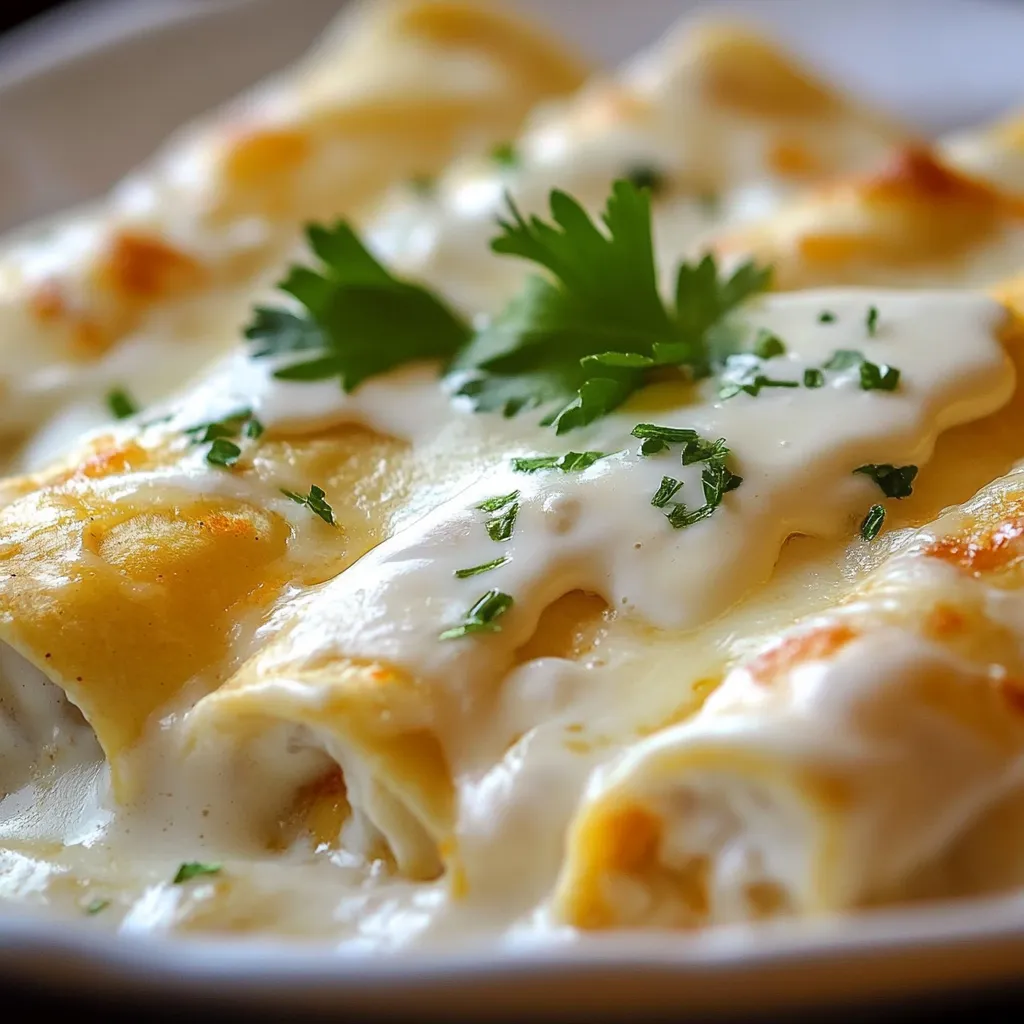 Chicken enchiladas with sour cream white sauce topped with melted cheese in a baking dish.