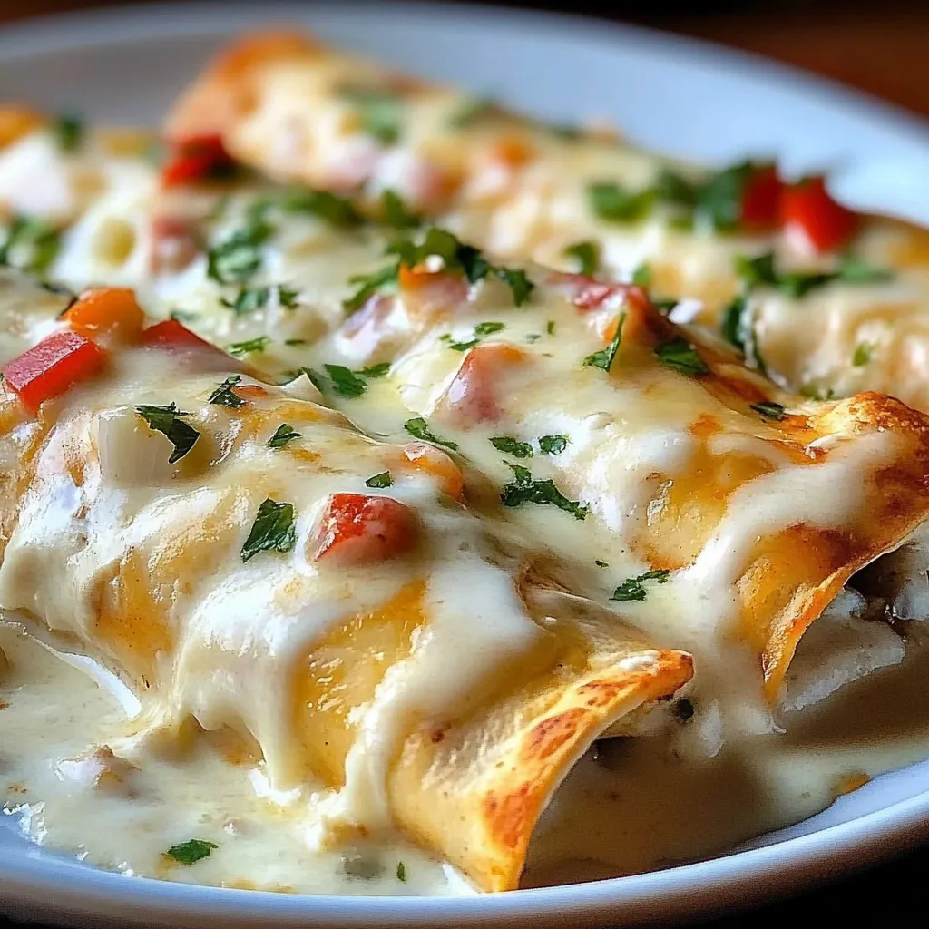 Chicken enchiladas with sour cream white sauce topped with melted cheese in a baking dish.