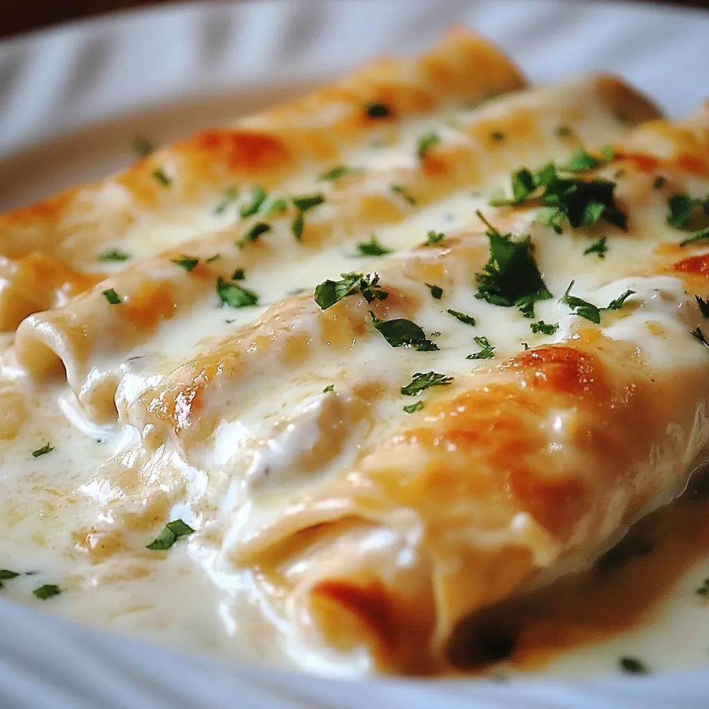 Chicken enchiladas with sour cream white sauce topped with melted cheese in a baking dish.