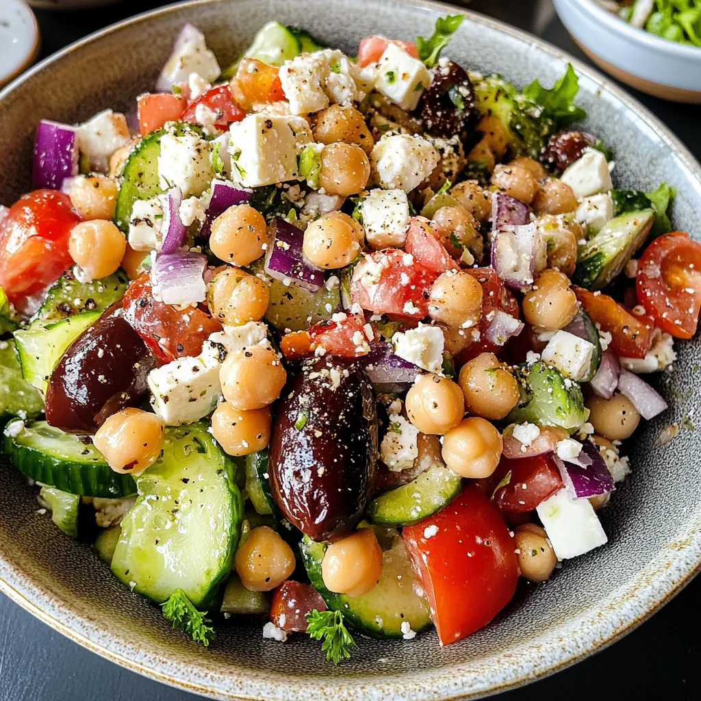 Freshly prepared Chickpea Greek Salad with colorful vegetables, creamy feta, and a zesty dressing, served in a white bowl.