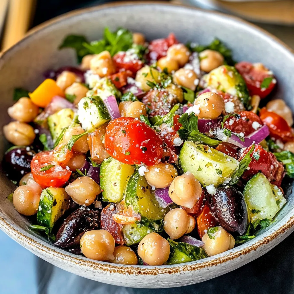 Freshly prepared Chickpea Greek Salad with colorful vegetables, creamy feta, and a zesty dressing, served in a white bowl.