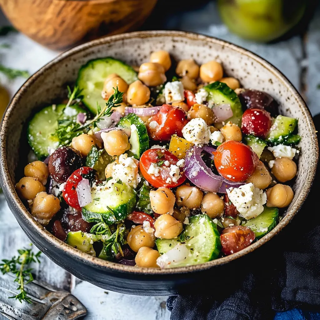 Freshly prepared Chickpea Greek Salad with colorful vegetables, creamy feta, and a zesty dressing, served in a white bowl.