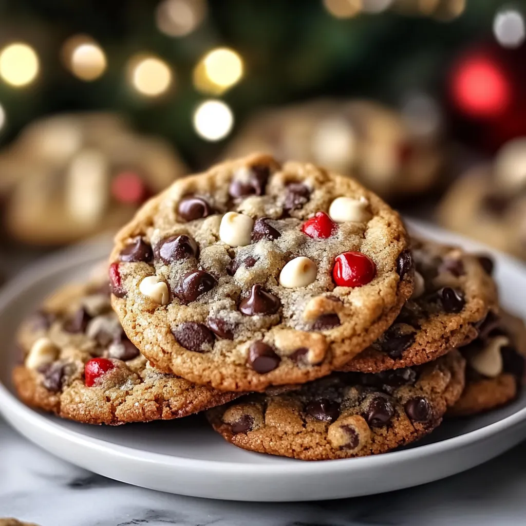 Classic Christmas Chocolate Chip Cookies with vibrant red and green M&M's, served on a festive holiday platter.