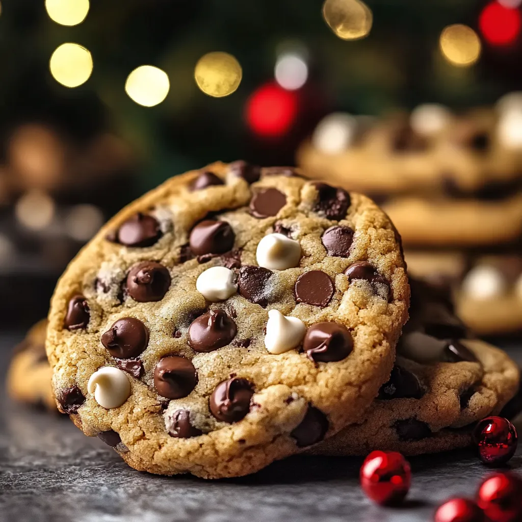 Classic Christmas Chocolate Chip Cookies with vibrant red and green M&M's, served on a festive holiday platter.