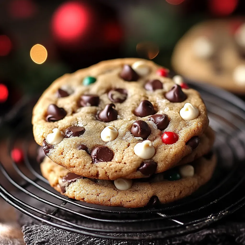 Classic Christmas Chocolate Chip Cookies with vibrant red and green M&M's, served on a festive holiday platter.