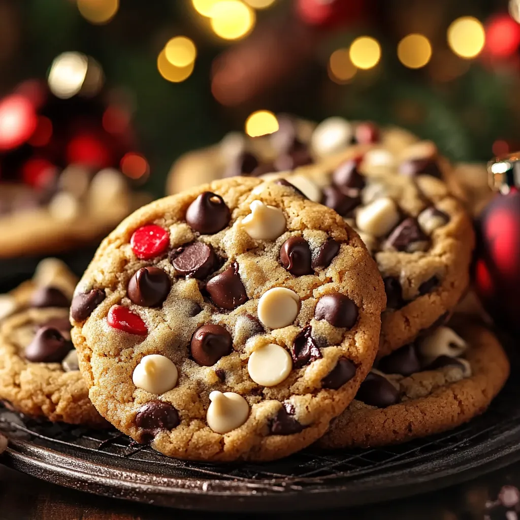 Classic Christmas Chocolate Chip Cookies with vibrant red and green M&M's, served on a festive holiday platter.