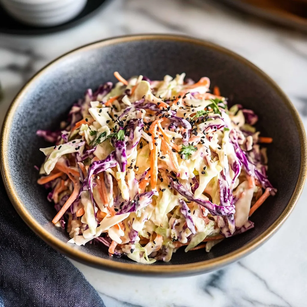 Classic coleslaw served in a white bowl with a mix of green and purple cabbage, carrots, and creamy dressing.