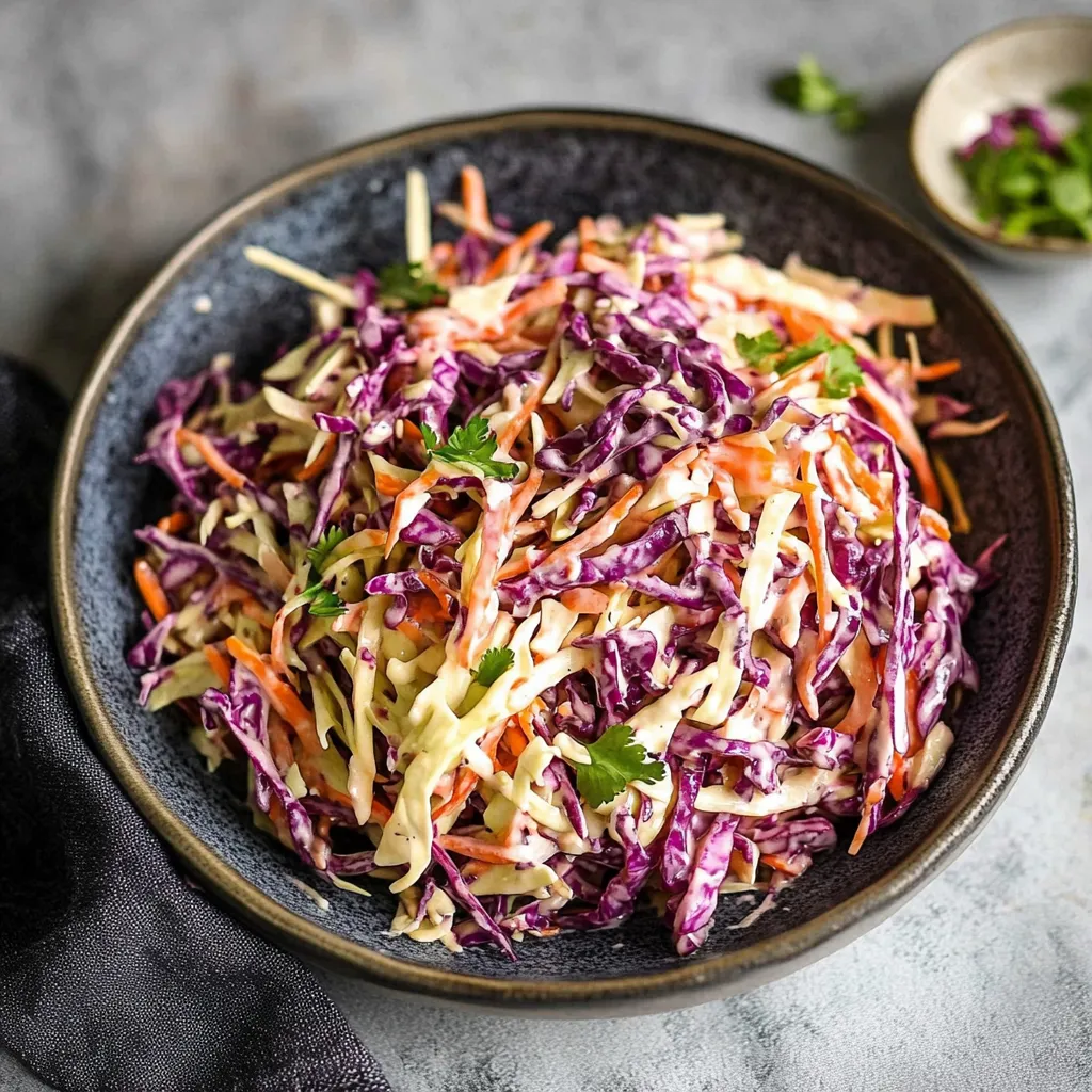 Classic coleslaw served in a white bowl with a mix of green and purple cabbage, carrots, and creamy dressing.