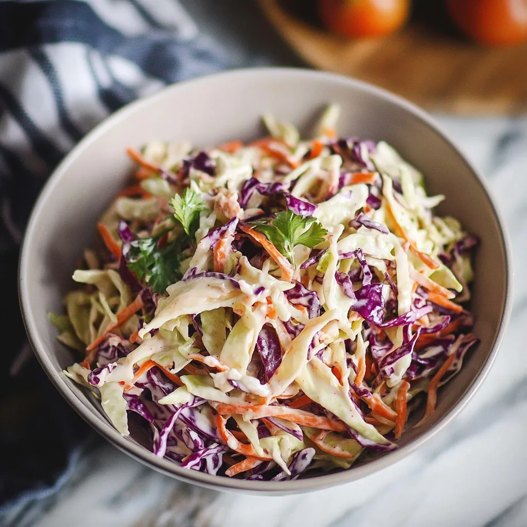 Classic coleslaw served in a white bowl with a mix of green and purple cabbage, carrots, and creamy dressing.