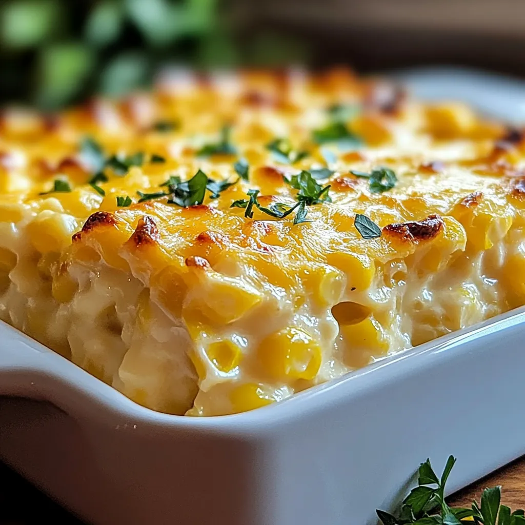 A golden-baked cream cheese corn casserole in a square dish, topped with bubbling melted cheddar cheese.