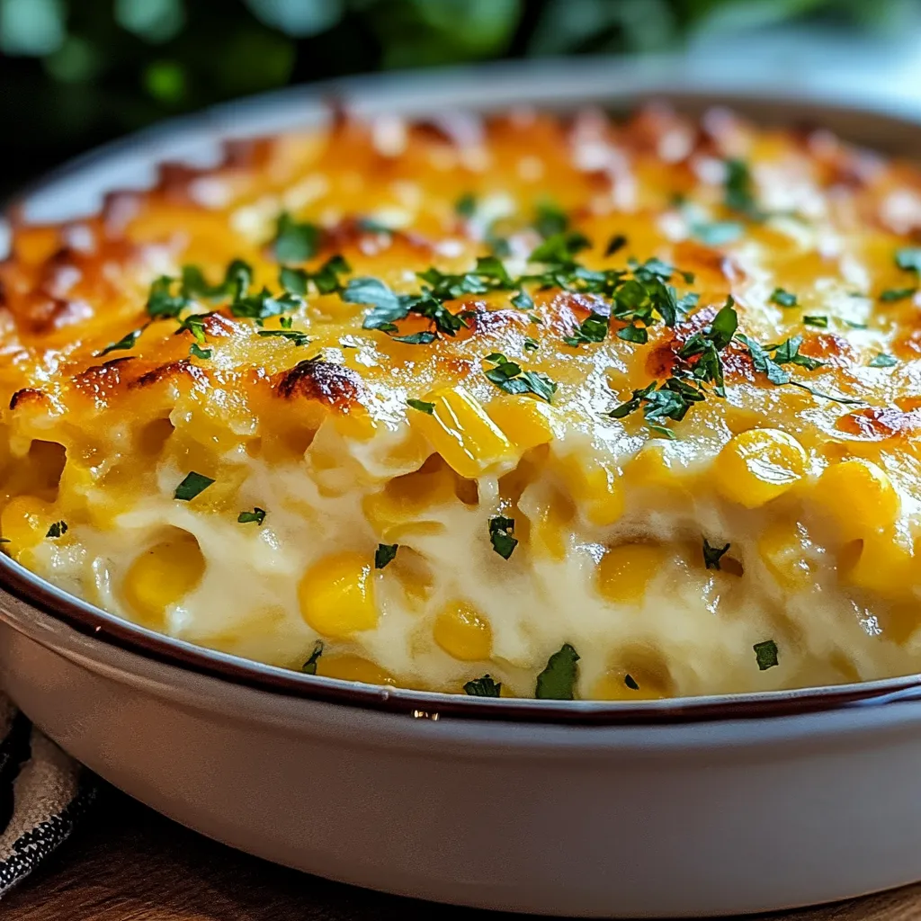 A golden-baked cream cheese corn casserole in a square dish, topped with bubbling melted cheddar cheese.