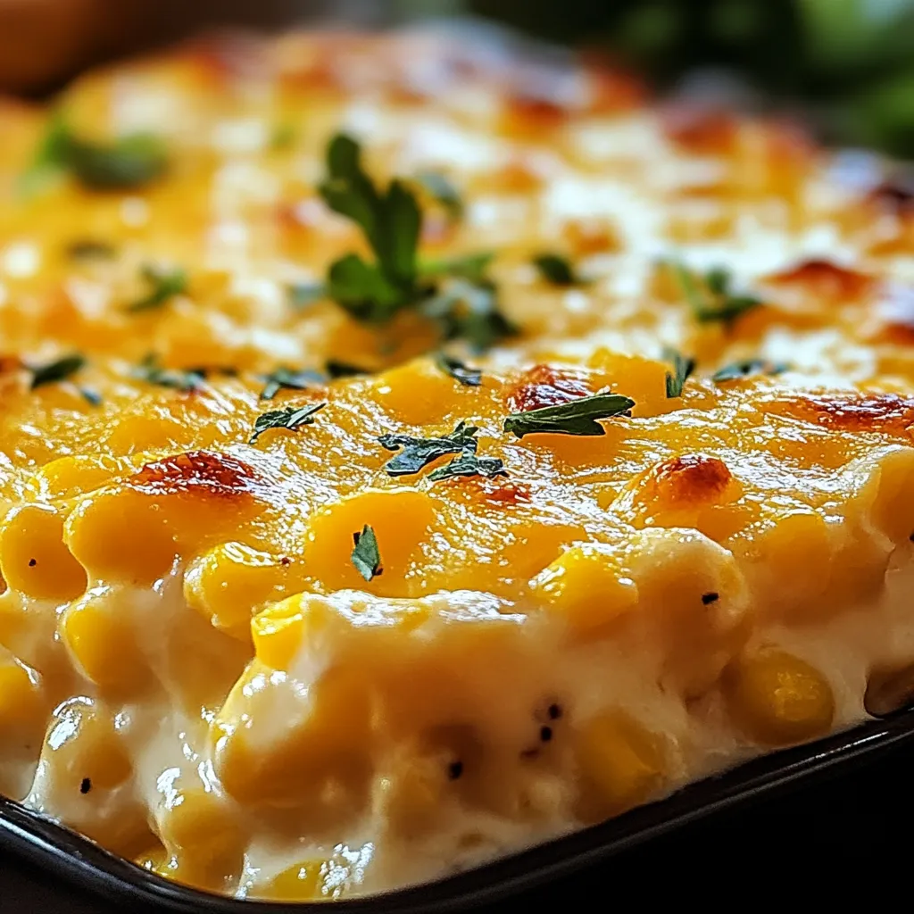 A golden-baked cream cheese corn casserole in a square dish, topped with bubbling melted cheddar cheese.