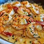 A plate of Classic Shrimp Scampi served over linguine, garnished with fresh parsley and a lemon wedge.