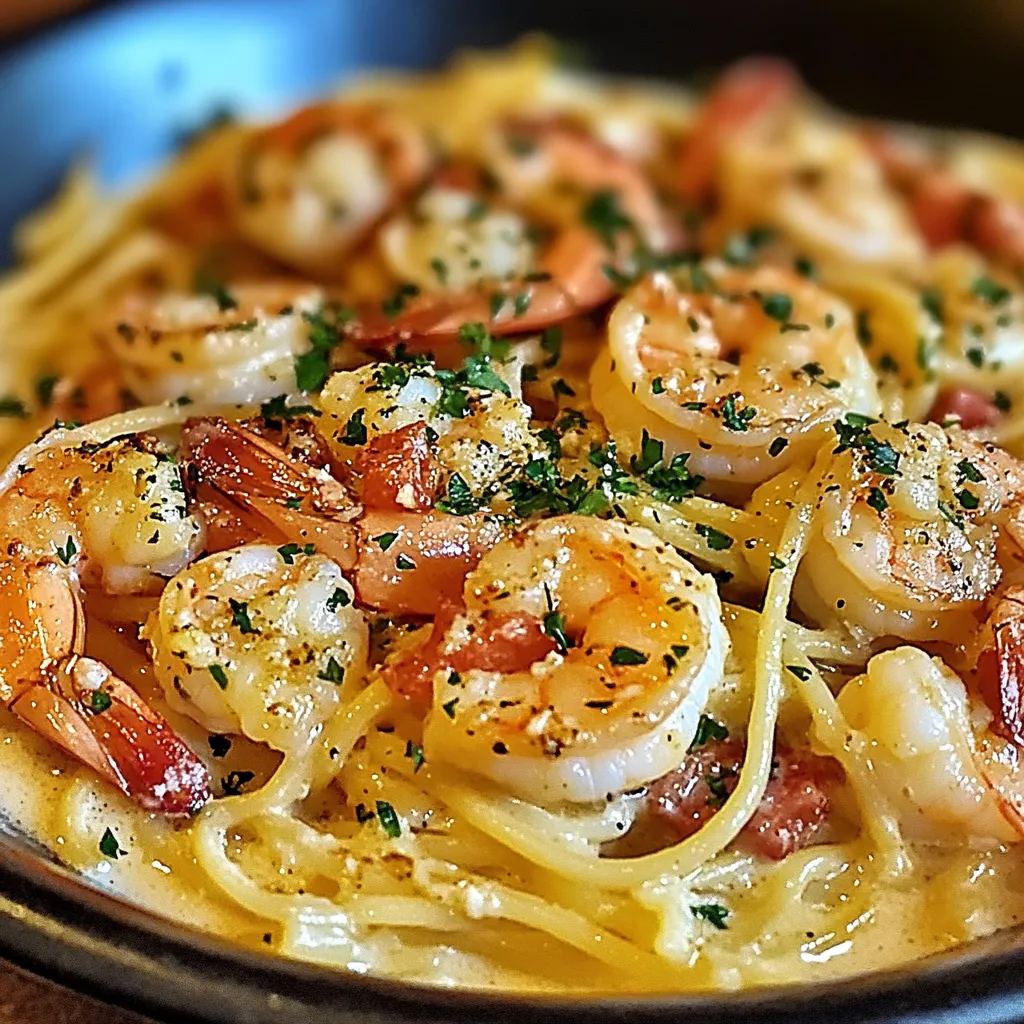 A plate of Classic Shrimp Scampi served over linguine, garnished with fresh parsley and a lemon wedge.