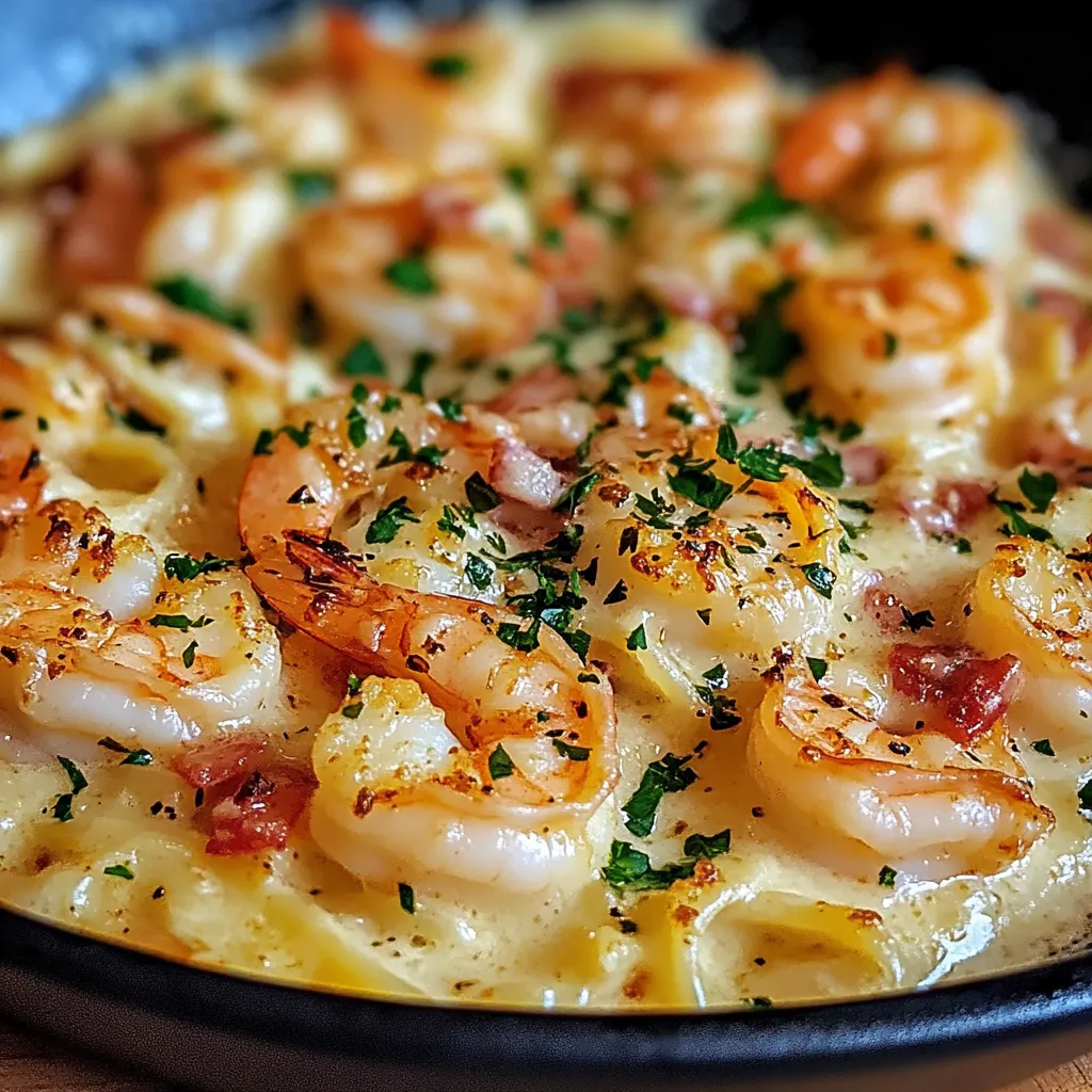 A plate of Classic Shrimp Scampi served over linguine, garnished with fresh parsley and a lemon wedge.