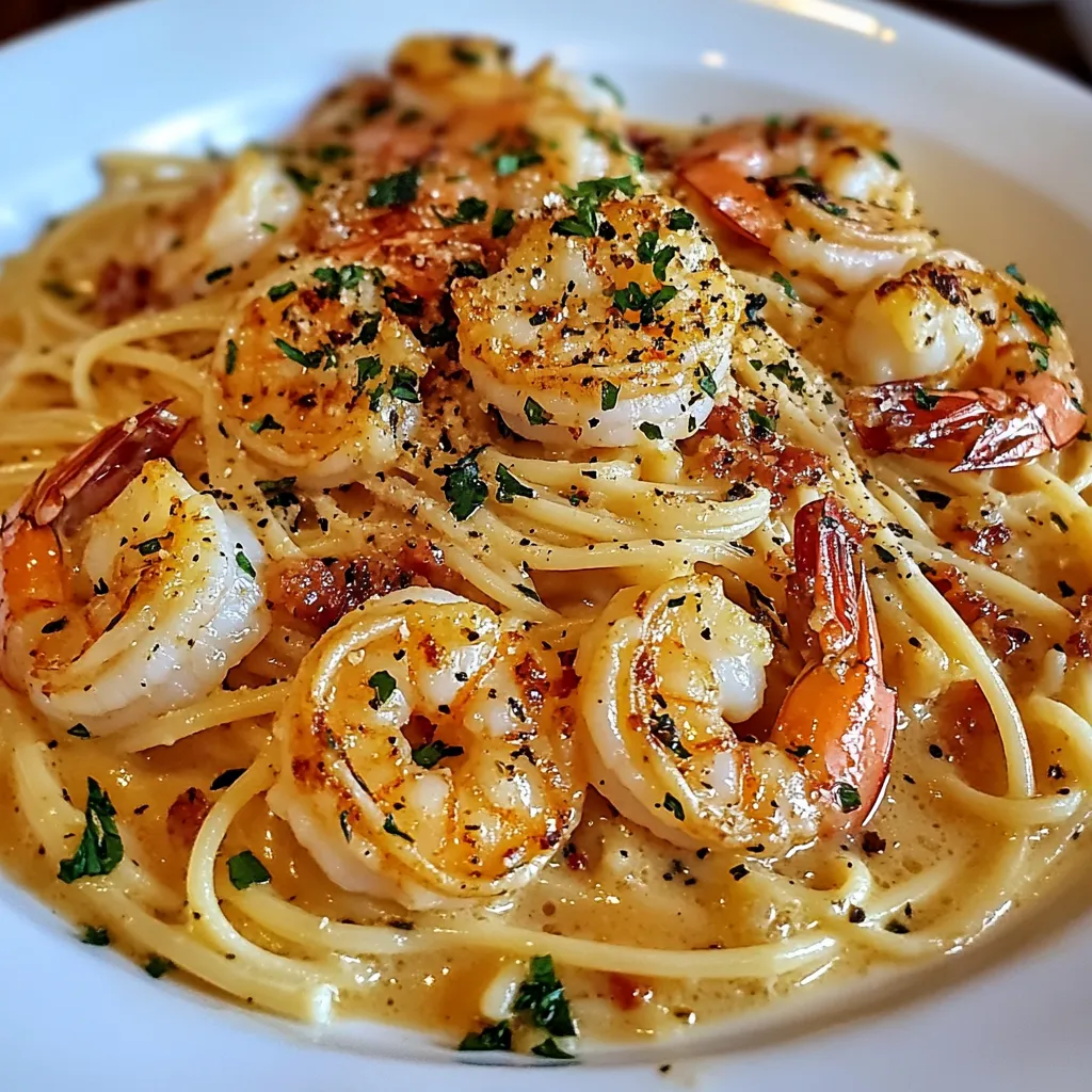 A plate of Classic Shrimp Scampi served over linguine, garnished with fresh parsley and a lemon wedge.