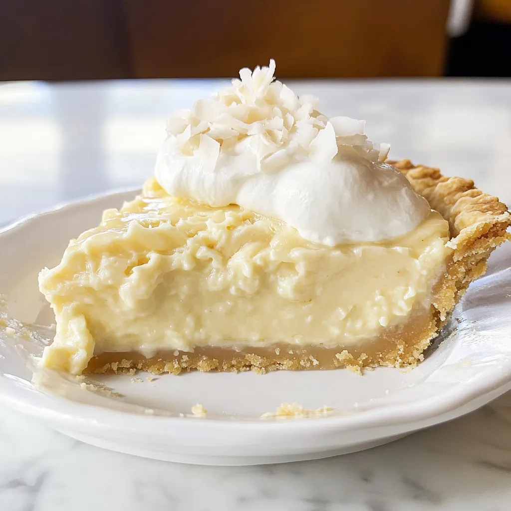 A slice of creamy coconut cream pie topped with whipped cream and toasted coconut flakes, served on a white plate.