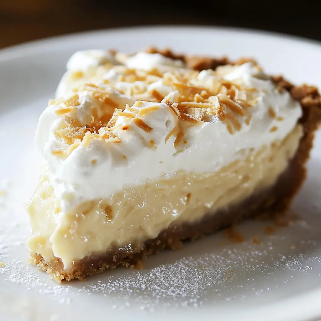 A slice of creamy coconut cream pie topped with whipped cream and toasted coconut flakes, served on a white plate.