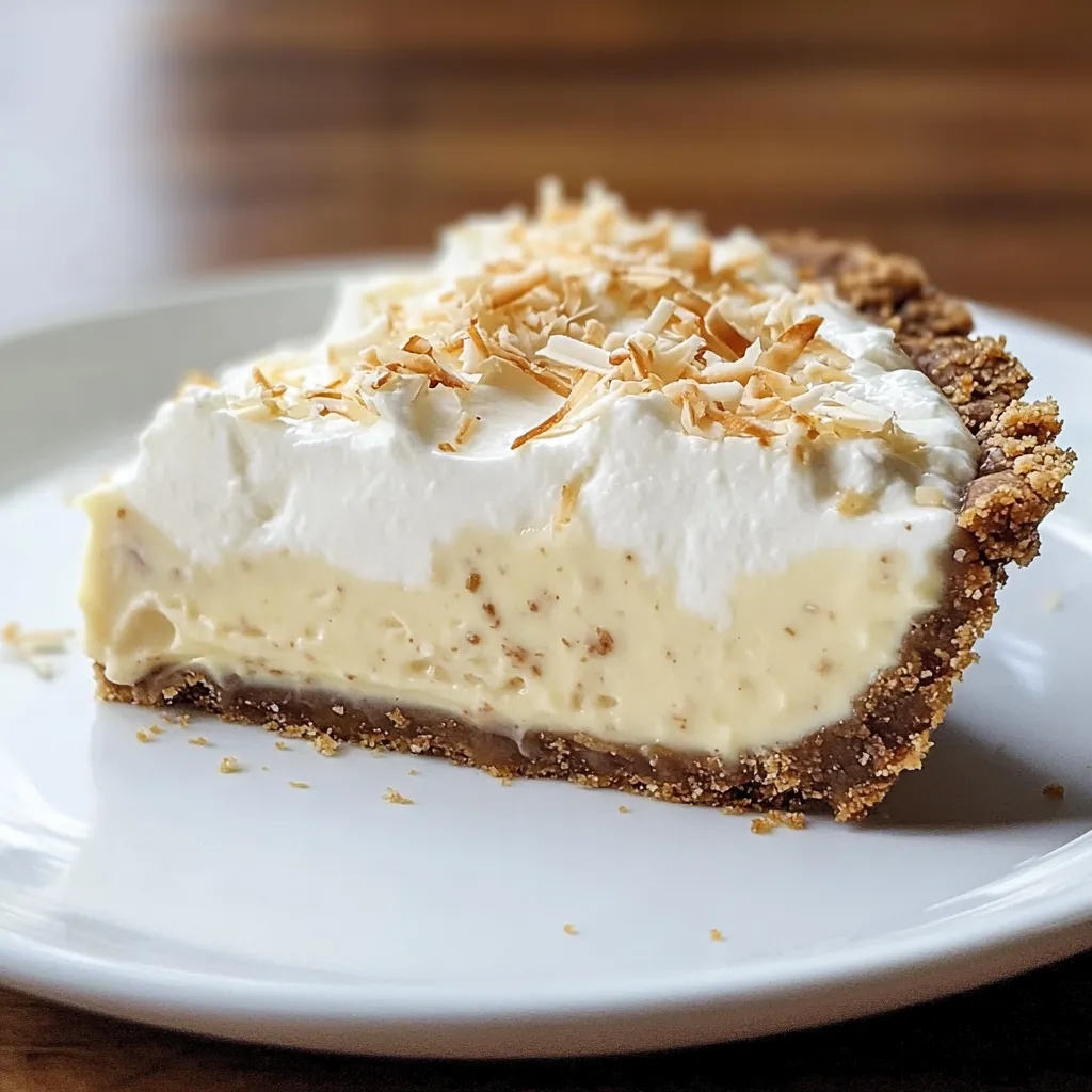 A slice of creamy coconut cream pie topped with whipped cream and toasted coconut flakes, served on a white plate.