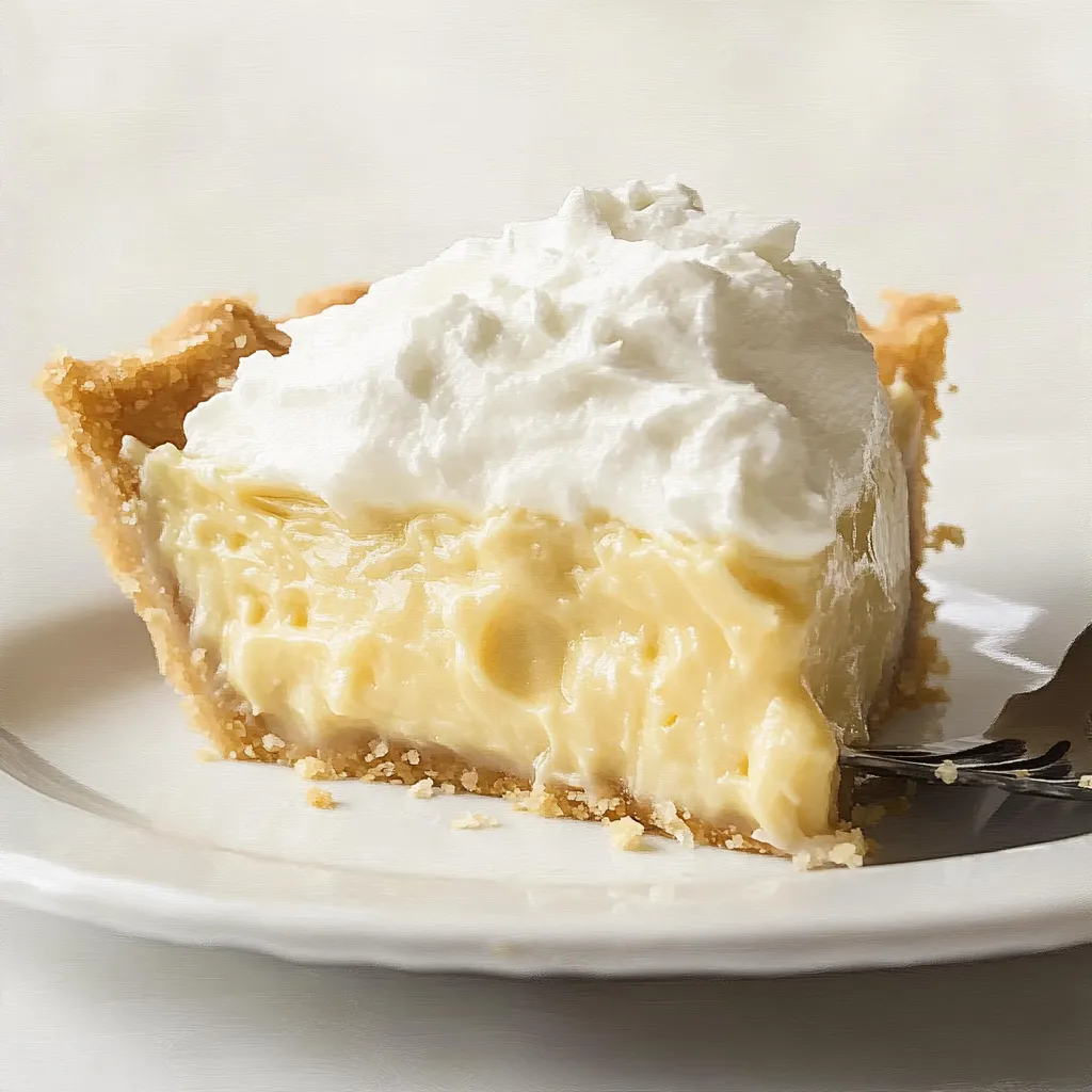 A slice of creamy coconut cream pie topped with whipped cream and toasted coconut flakes, served on a white plate.