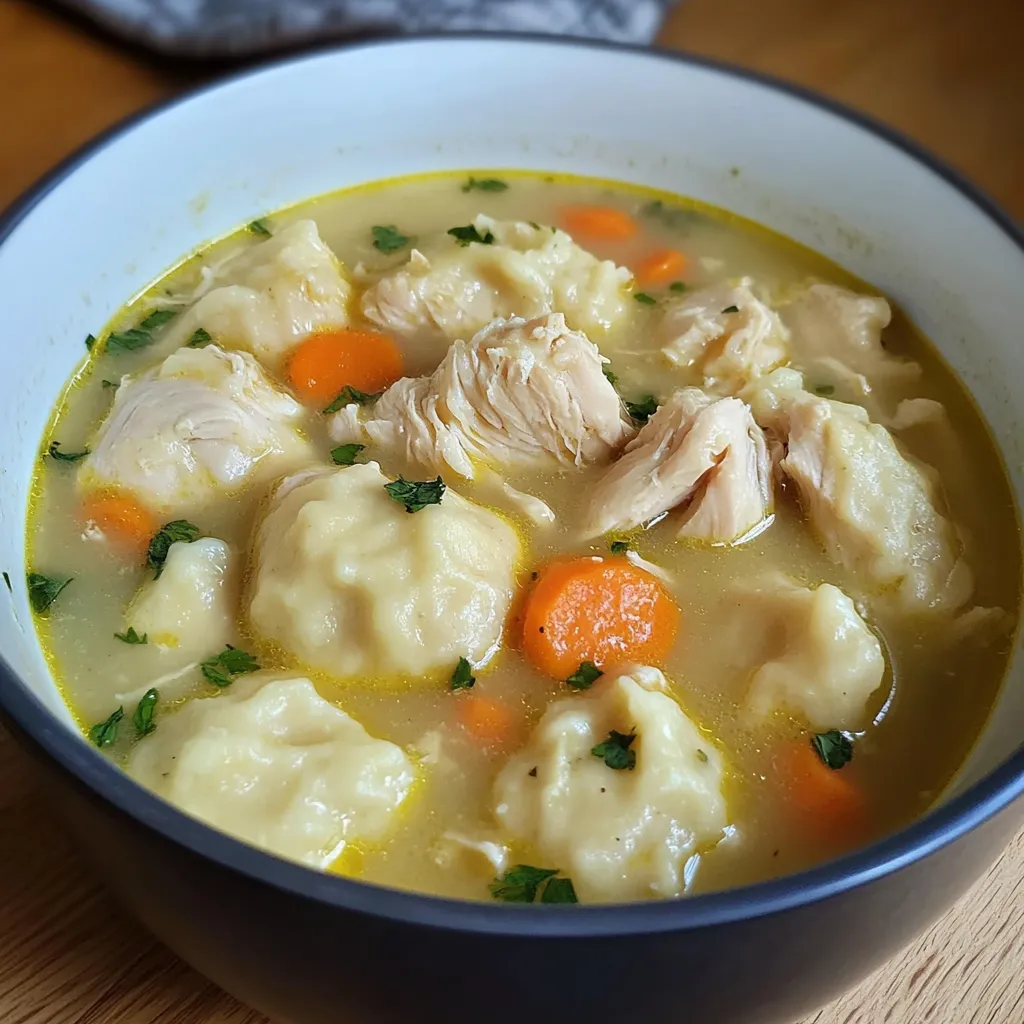 Chicken and Dumpling Soup served in a rustic bowl with garnished parsley – a warm and hearty comfort food perfect for any occasion.